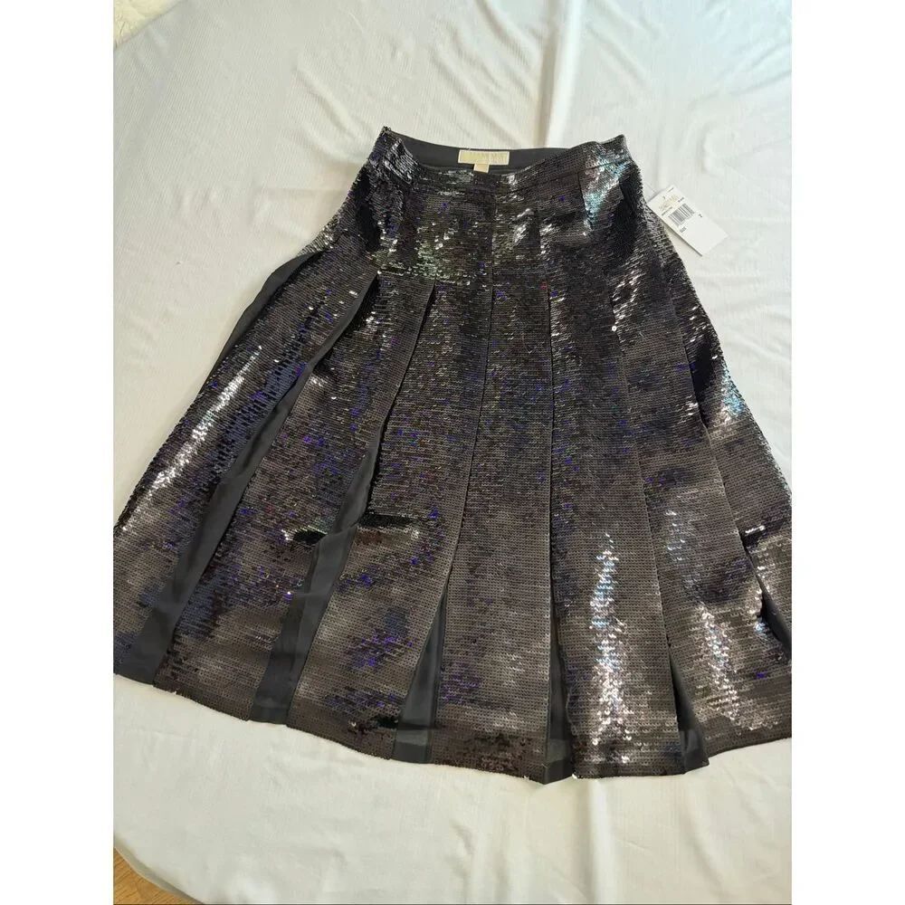 NWT Michael Kors Black Sequin Pleated A Line Cocktail Party Skirt Size 2 New